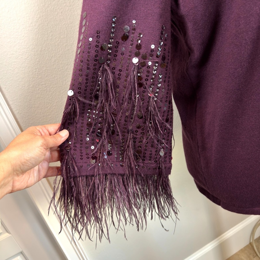 CHICO'S Feather Sequin Pullover Sweater XL Cashmere Blend Plum Statement Top - Picture 3 of 9
